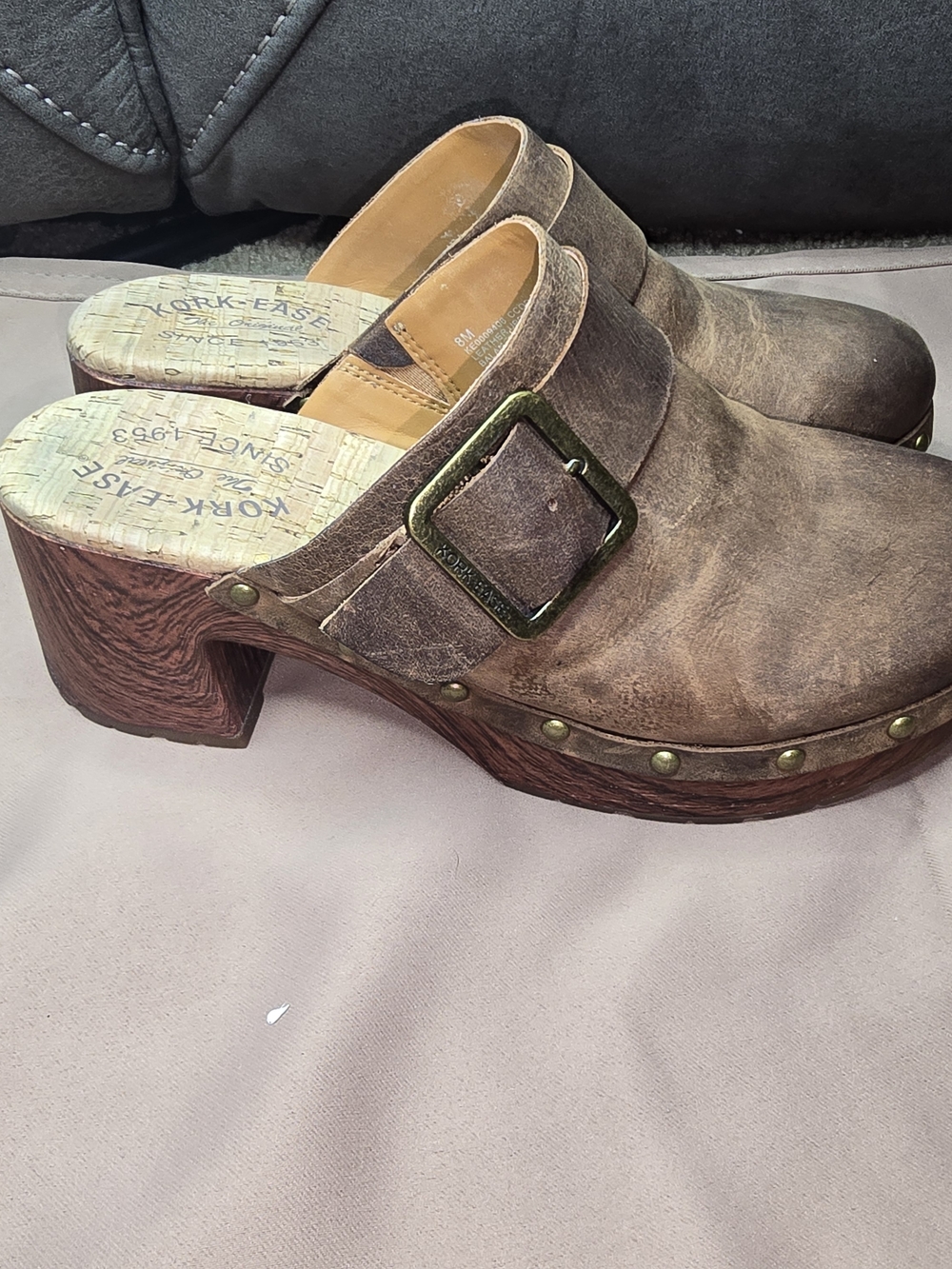 Kork-Ease Brown Leather Buckle Clogs with Studded Trim - Picture 2 of 11
